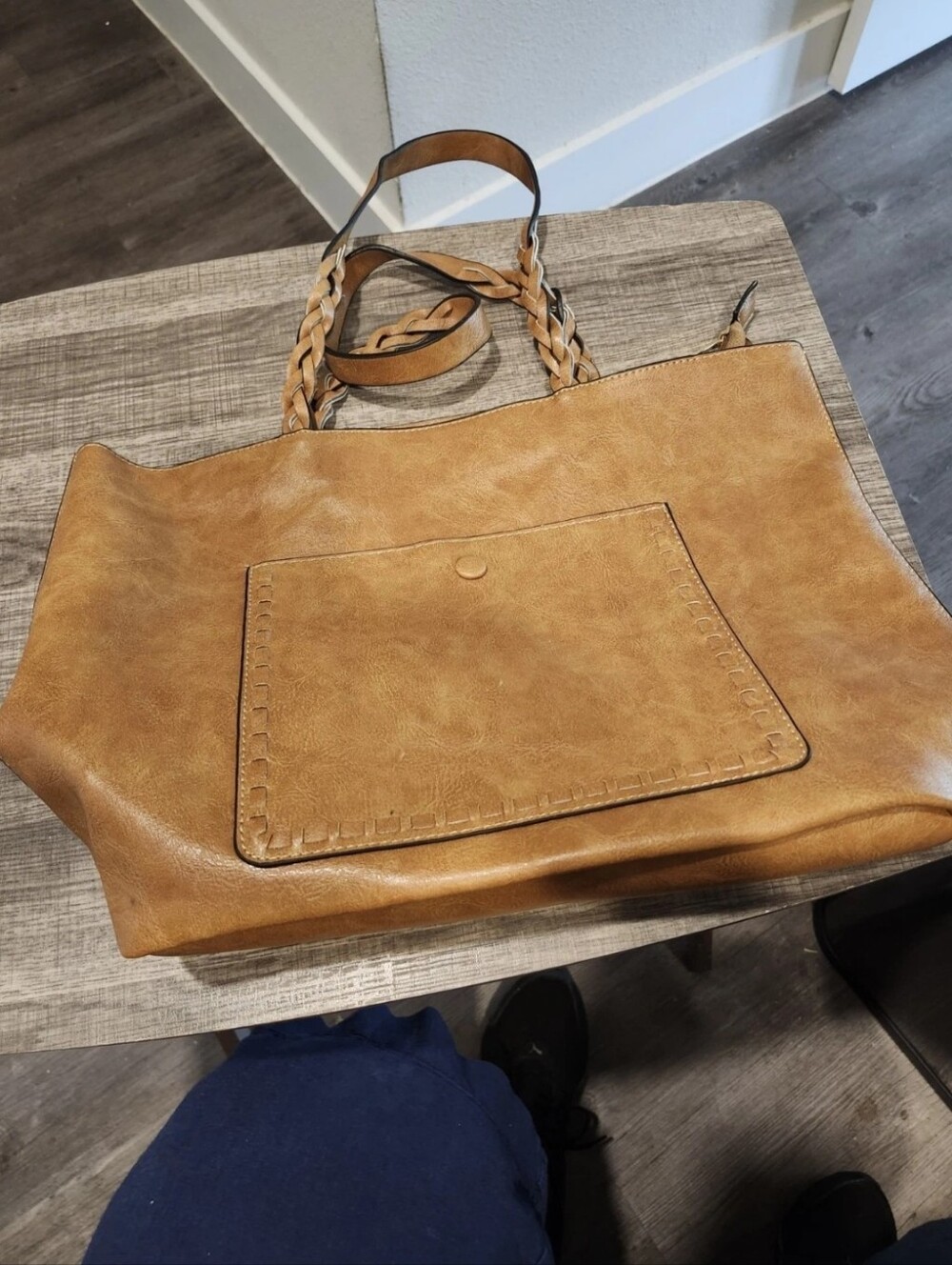 Weimeibaige Women's Leather Oversized Tote Vegan Light Brown Braided Handles